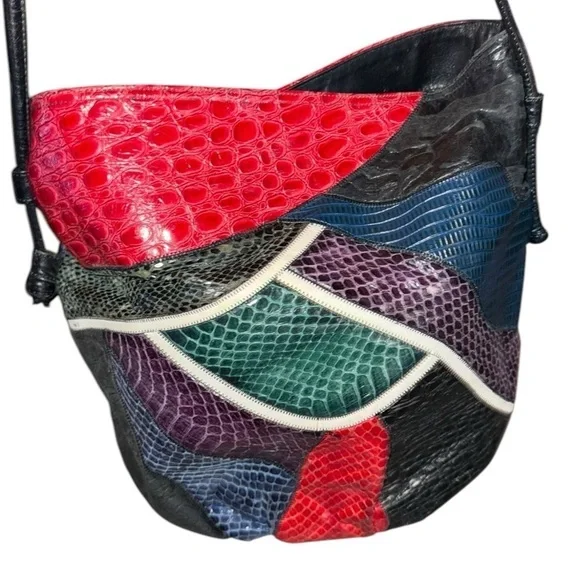 80s Colorful Patchwork Faux Snakeskin Shoulder bucket Bag